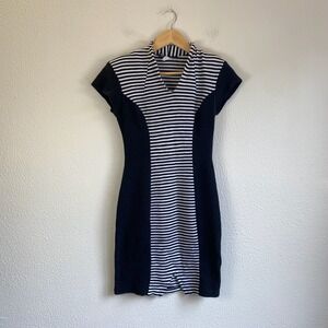 Vintage Striped Bodycon Dress Womens M Black White Good Ribbed Mini Notch Neck